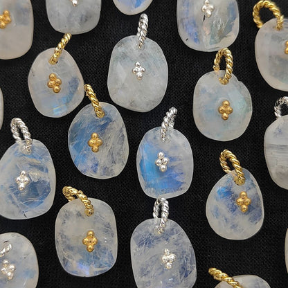 Flashy Rainbow Moonstone Pendant Charm Freeform Crystal Jewelry Supply Cluster Design Gold/Silver Plated June Birthstone Gift