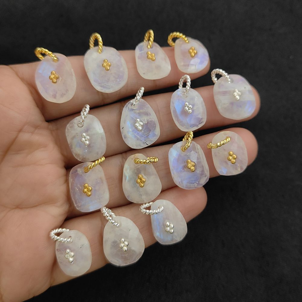 Flashy Rainbow Moonstone Pendant Charm Freeform Crystal Jewelry Supply Cluster Design Gold/Silver Plated June Birthstone Gift