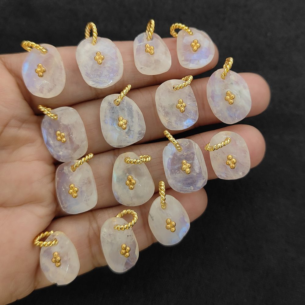 Flashy Rainbow Moonstone Pendant Charm Freeform Crystal Jewelry Supply Cluster Design Gold/Silver Plated June Birthstone Gift