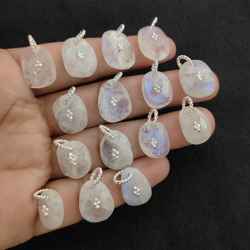Flashy Rainbow Moonstone Pendant Charm Freeform Crystal Jewelry Supply Cluster Design Gold/Silver Plated June Birthstone Gift