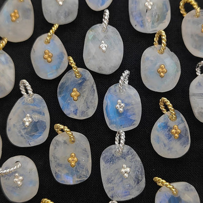 Flashy Rainbow Moonstone Pendant Charm Freeform Crystal Jewelry Supply Cluster Design Gold/Silver Plated June Birthstone Gift