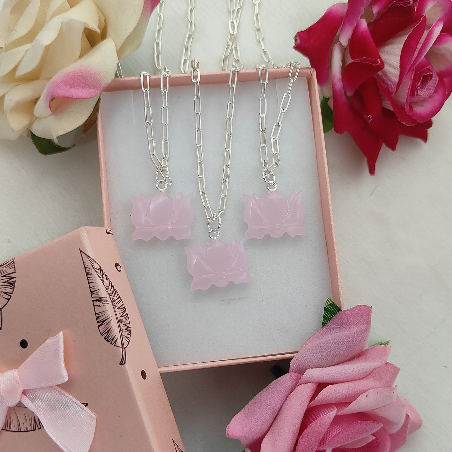 Handmade Pink Chalcedony Lotus Pendant Everyday Healing Necklace for Women- Selling Per Piece