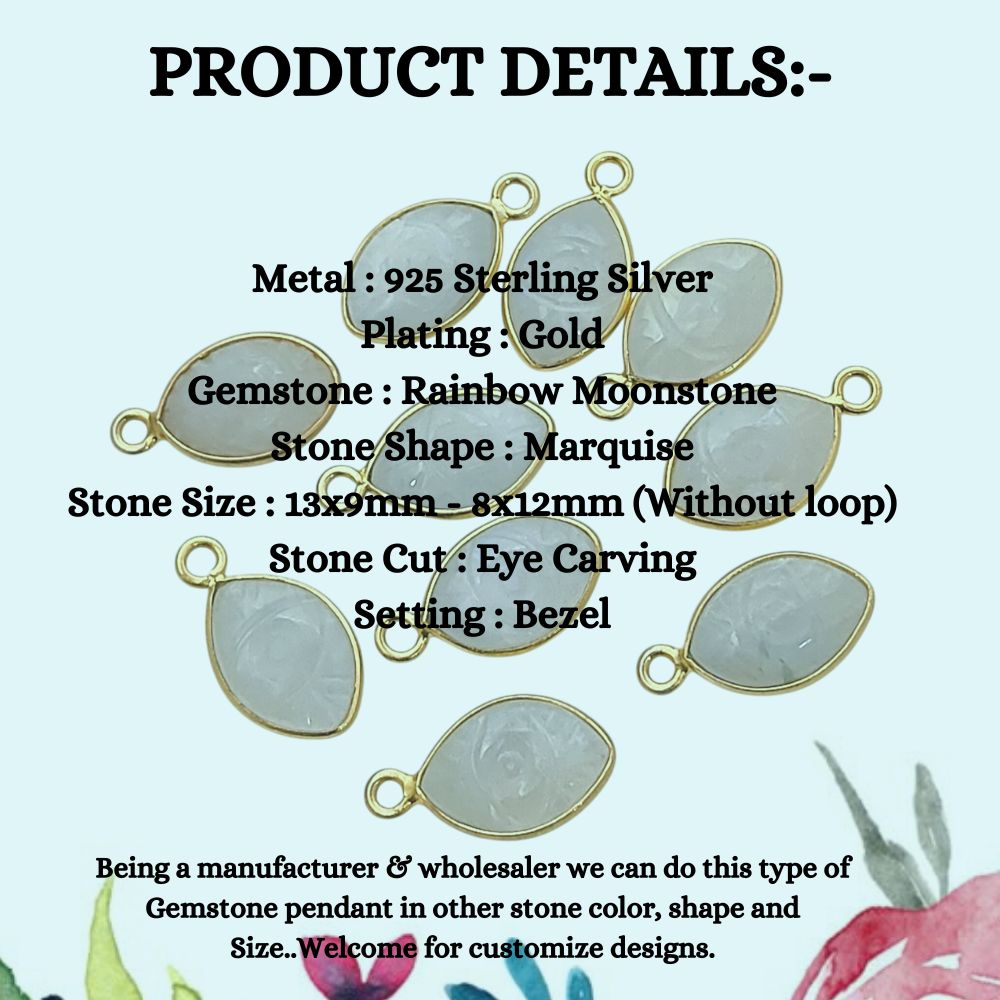 Handmade Rainbow Moonstone Evil Eye Pendant in Gold Plated Sterling Silver Unique Hand-Carved Crystal Charm- Selling Per Piece