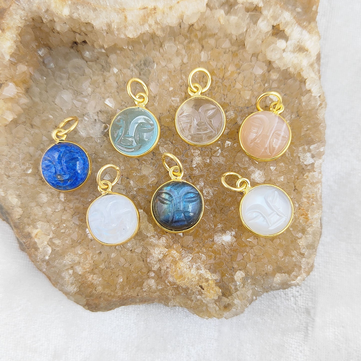 Handmade Rainbow Moonstone Moon Face Pendant Gold Plated 925 Sterling Silver Celestial Healing Crystal Necklaces – Selling Per Piece
