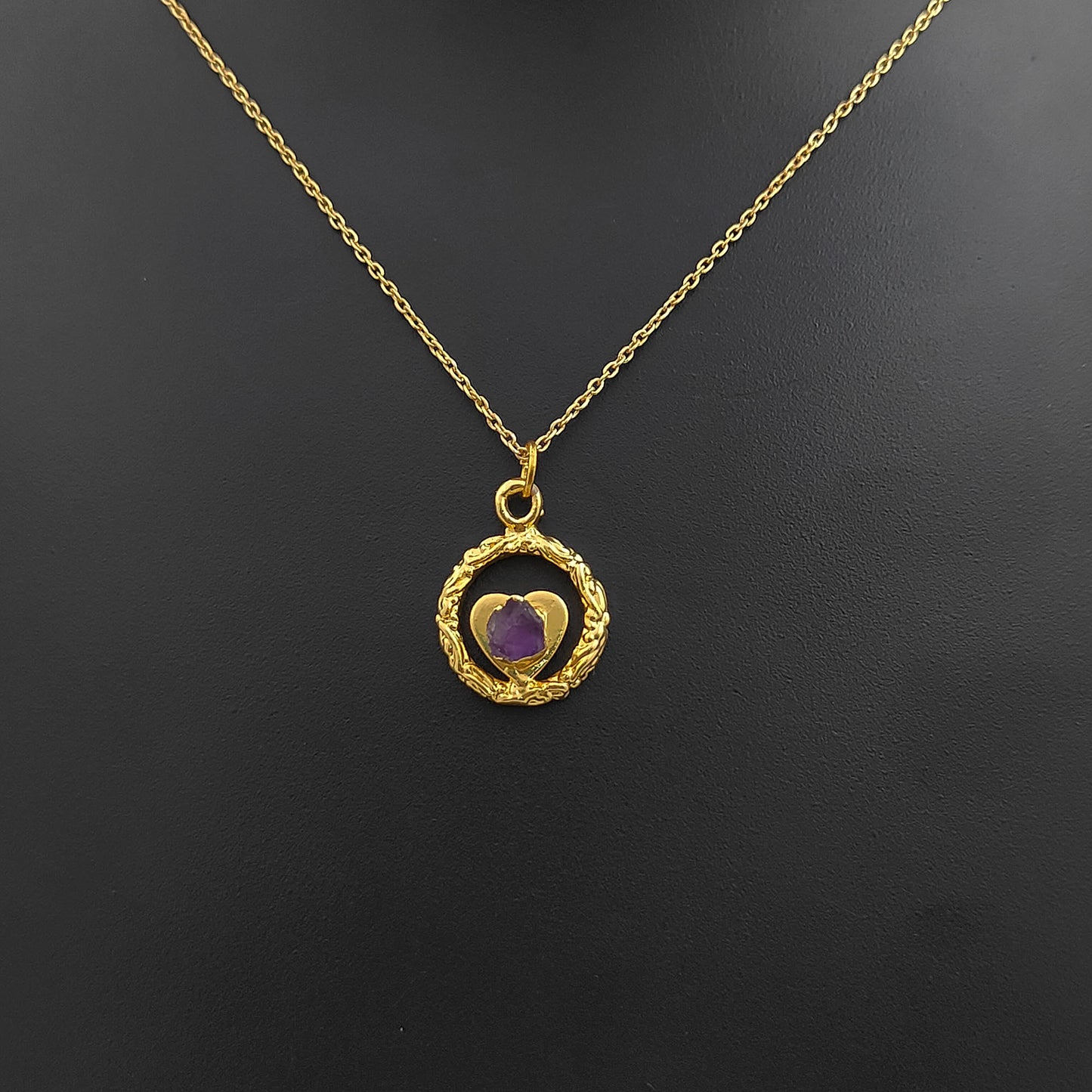Raw Amethyst Heart Pendant Necklace with Ring Design February Birthstone Gold Plated Jewelry for Women