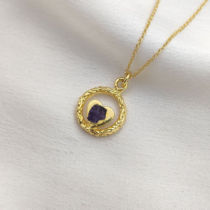 Raw Amethyst Heart Pendant Necklace with Ring Design February Birthstone Gold Plated Jewelry for Women