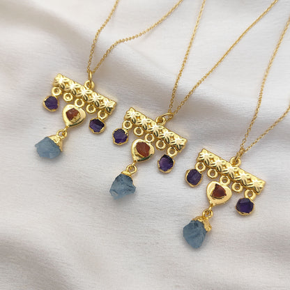 Minimalist Raw Crystal Necklace with Aquamarine, Carnelian & Amethyst Handmade Gold Plated Birthstone Jewelry