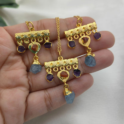 Minimalist Raw Crystal Necklace with Aquamarine, Carnelian & Amethyst Handmade Gold Plated Birthstone Jewelry