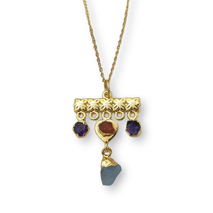 Minimalist Raw Crystal Necklace with Aquamarine, Carnelian & Amethyst Handmade Gold Plated Birthstone Jewelry