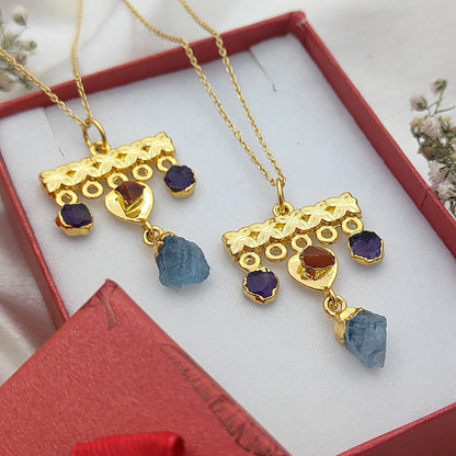 Minimalist Raw Crystal Necklace with Aquamarine, Carnelian & Amethyst Handmade Gold Plated Birthstone Jewelry