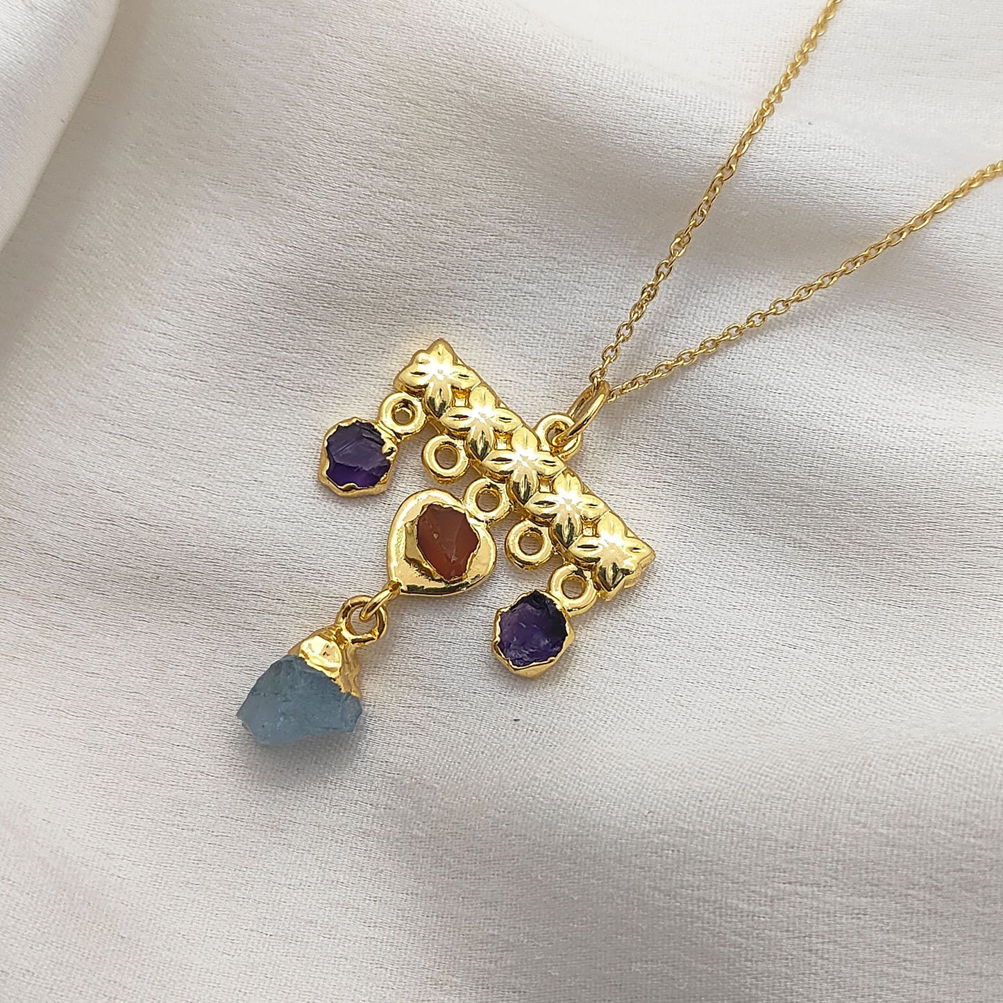 Minimalist Raw Crystal Necklace with Aquamarine, Carnelian & Amethyst Handmade Gold Plated Birthstone Jewelry