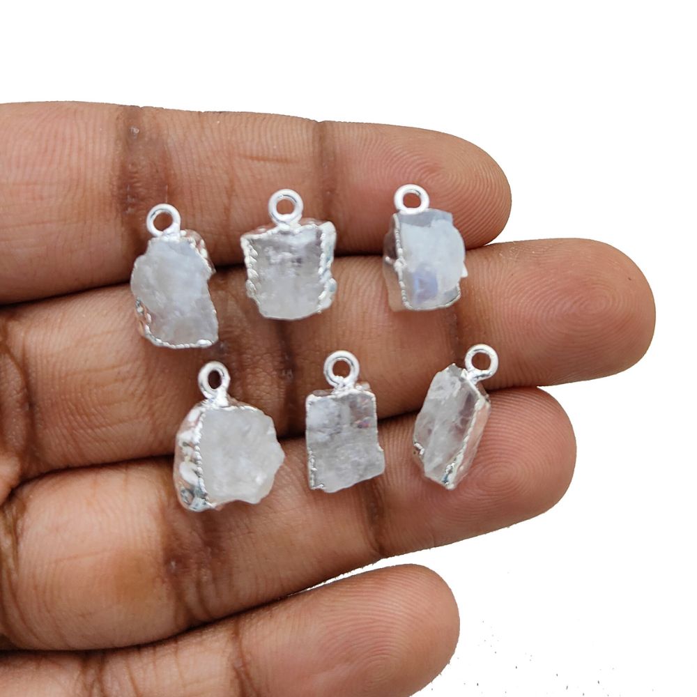 Rainbow Moonstone Healing Pendant Raw Crystal Charm with Silver Electroplated Handmade Jewelry- Selling Per Piece