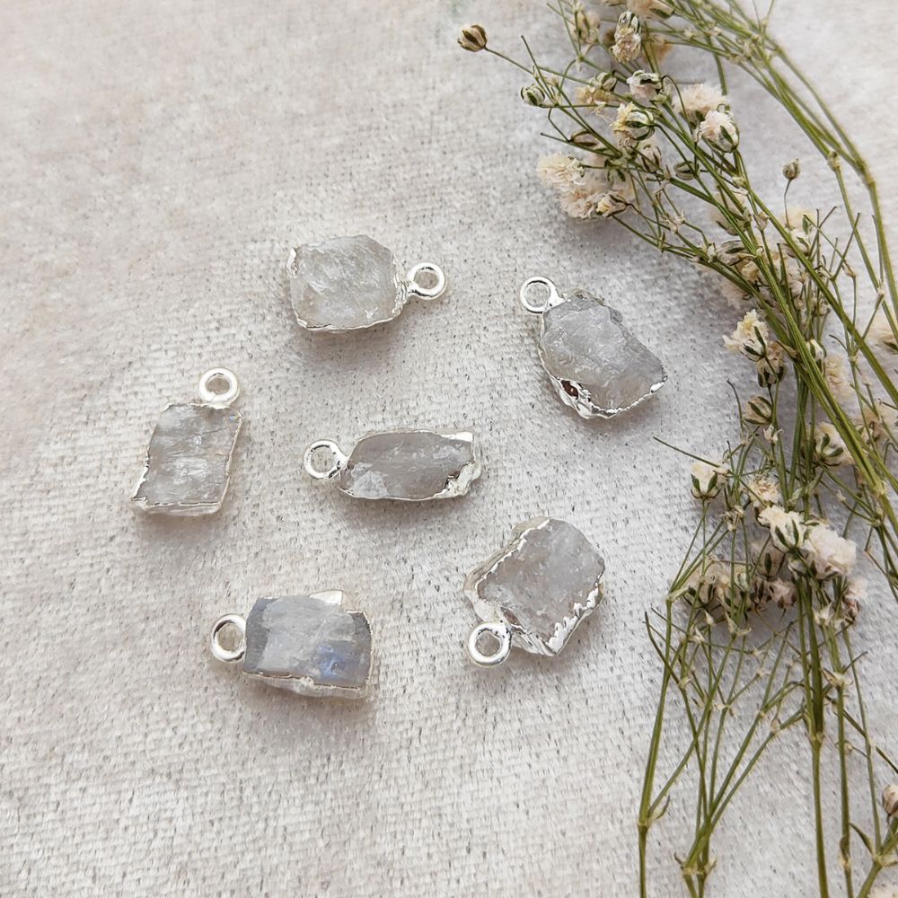 Rainbow Moonstone Healing Pendant Raw Crystal Charm with Silver Electroplated Handmade Jewelry- Selling Per Piece