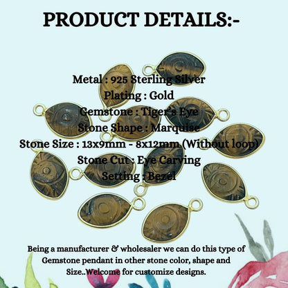 Handmade Tiger’s Eye Evil Eye Pendant in Gold Plated Sterling Silver Unique Healing Jewelry- Selling Per Piece