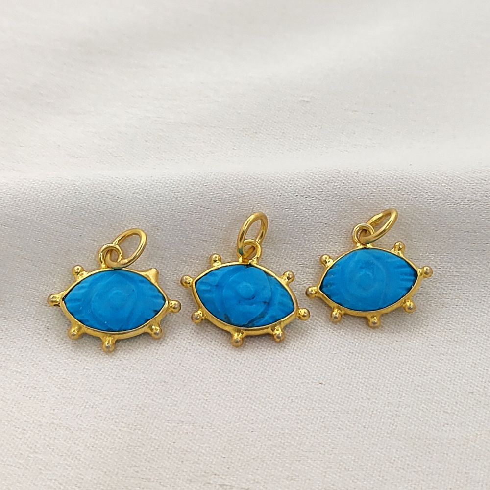 Handmade Turquoise Evil Eye Pendant Gold Plated Eye-Shaped Charm with Carved Gemstone Birthstone Jewelry- Selling Per Piece