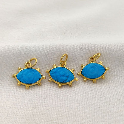 Handmade Turquoise Evil Eye Pendant Gold Plated Eye-Shaped Charm with Carved Gemstone Birthstone Jewelry- Selling Per Piece