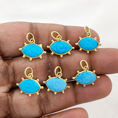 Handmade Turquoise Evil Eye Pendant Gold Plated Eye-Shaped Charm with Carved Gemstone Birthstone Jewelry- Selling Per Piece
