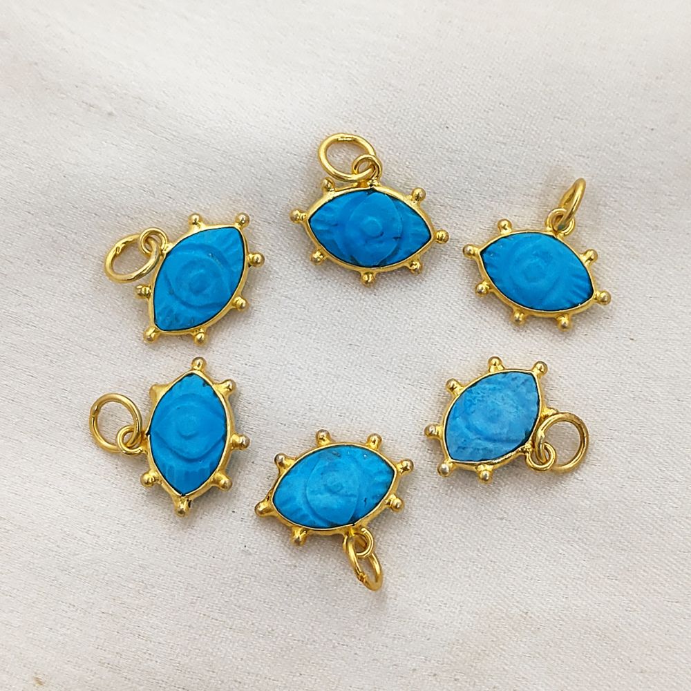 Handmade Turquoise Evil Eye Pendant Gold Plated Eye-Shaped Charm with Carved Gemstone Birthstone Jewelry- Selling Per Piece