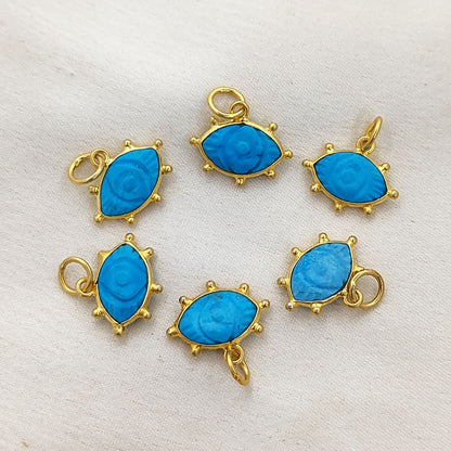 Handmade Turquoise Evil Eye Pendant Gold Plated Eye-Shaped Charm with Carved Gemstone Birthstone Jewelry- Selling Per Piece
