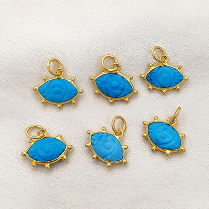 Handmade Turquoise Evil Eye Pendant Gold Plated Eye-Shaped Charm with Carved Gemstone Birthstone Jewelry- Selling Per Piece