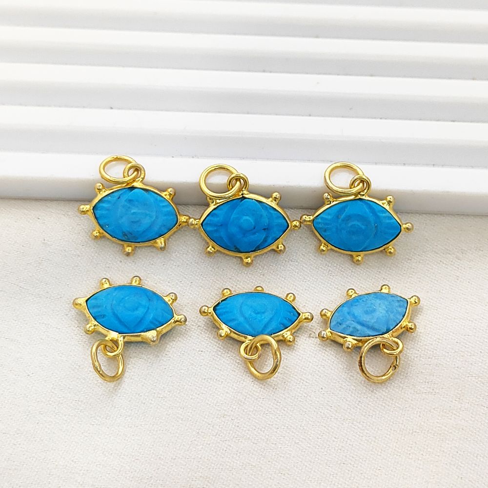 Handmade Turquoise Evil Eye Pendant Gold Plated Eye-Shaped Charm with Carved Gemstone Birthstone Jewelry- Selling Per Piece