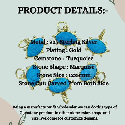Handmade Turquoise Evil Eye Pendant Gold Plated Eye-Shaped Charm with Carved Gemstone Birthstone Jewelry- Selling Per Piece