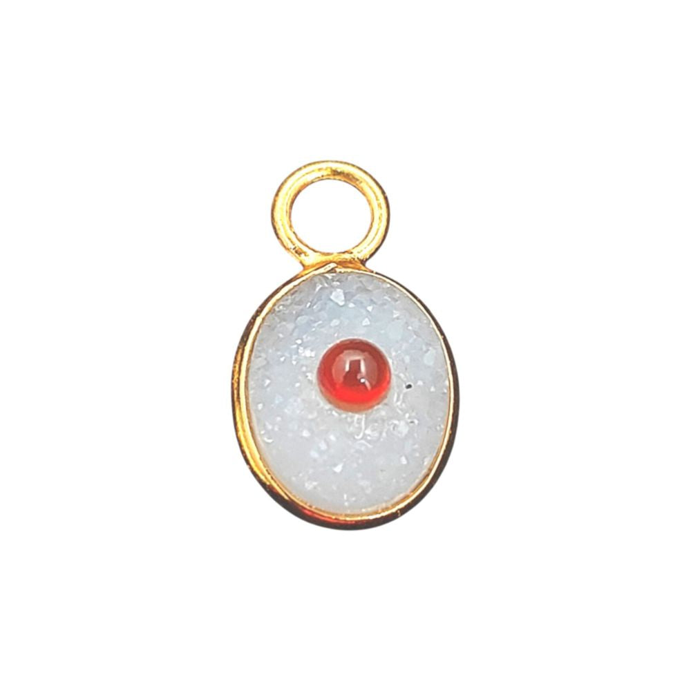 Handmade White Druzy & Garnet Inlay Pendant Gold Plated Bezel Unique Shape Boho Statement Jewelry