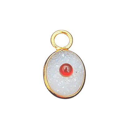 Handmade White Druzy & Garnet Inlay Pendant Gold Plated Bezel Unique Shape Boho Statement Jewelry
