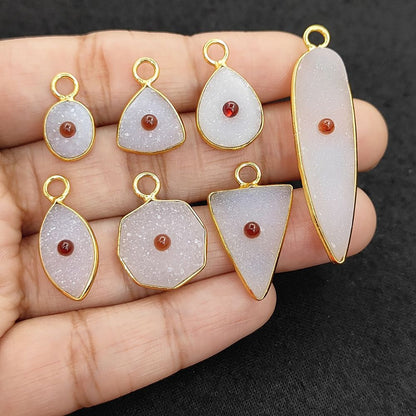Handmade White Druzy & Garnet Inlay Pendant Gold Plated Bezel Unique Shape Boho Statement Jewelry