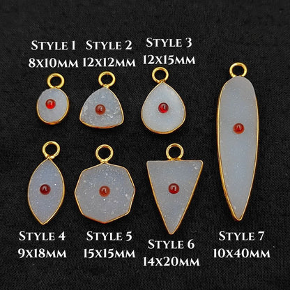Handmade White Druzy & Garnet Inlay Pendant Gold Plated Bezel Unique Shape Boho Statement Jewelry
