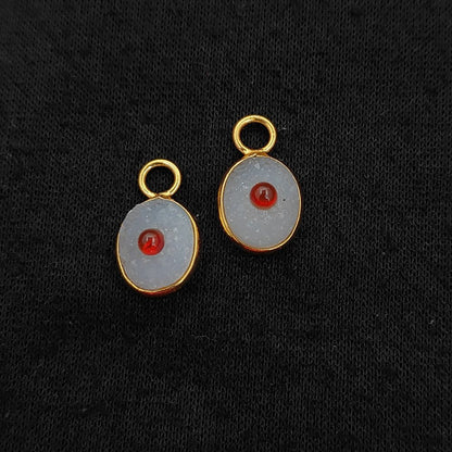 Handmade White Druzy & Garnet Inlay Pendant Gold Plated Bezel Unique Shape Boho Statement Jewelry