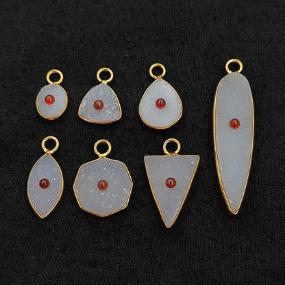 Handmade White Druzy & Garnet Inlay Pendant Gold Plated Bezel Unique Shape Boho Statement Jewelry