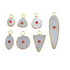 Handmade White Druzy & Garnet Inlay Pendant Gold Plated Bezel Unique Shape Boho Statement Jewelry
