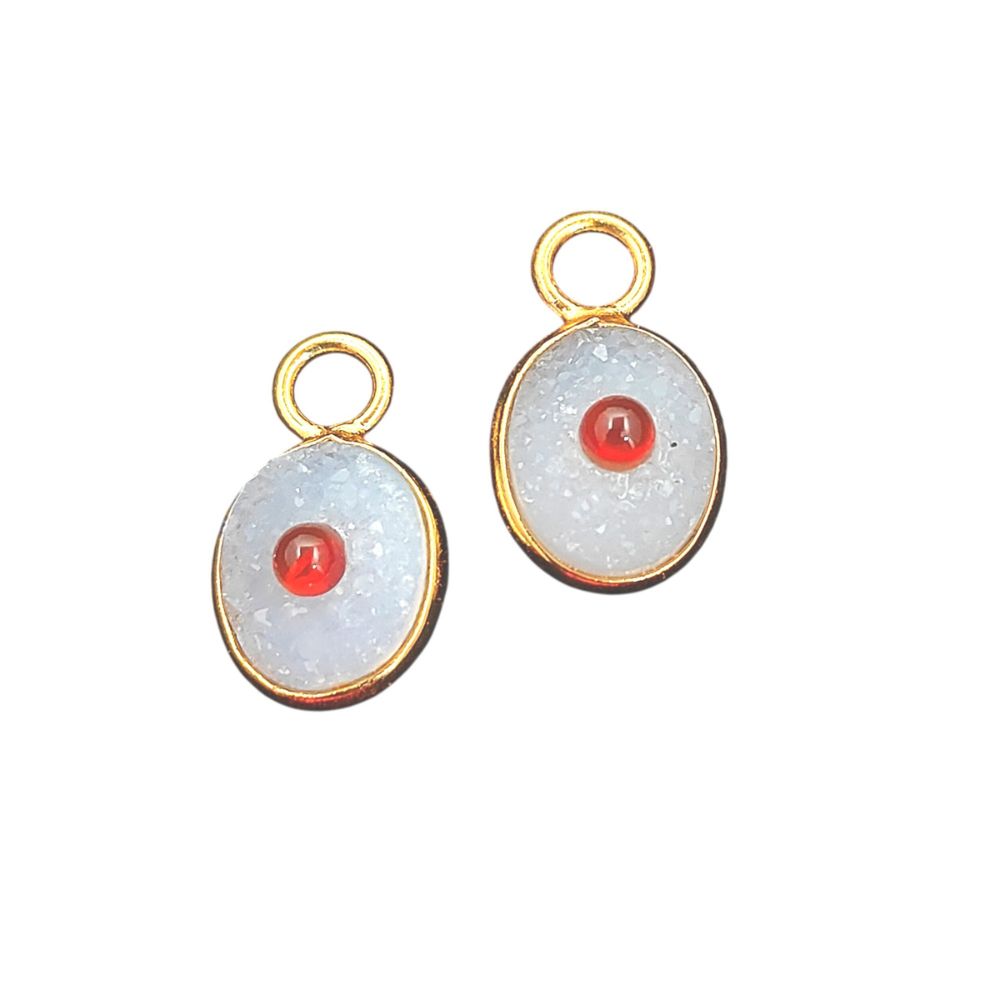 Handmade White Druzy & Garnet Inlay Pendant Gold Plated Bezel Unique Shape Boho Statement Jewelry