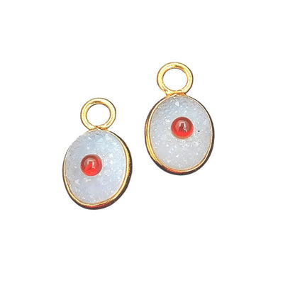 Handmade White Druzy & Garnet Inlay Pendant Gold Plated Bezel Unique Shape Boho Statement Jewelry