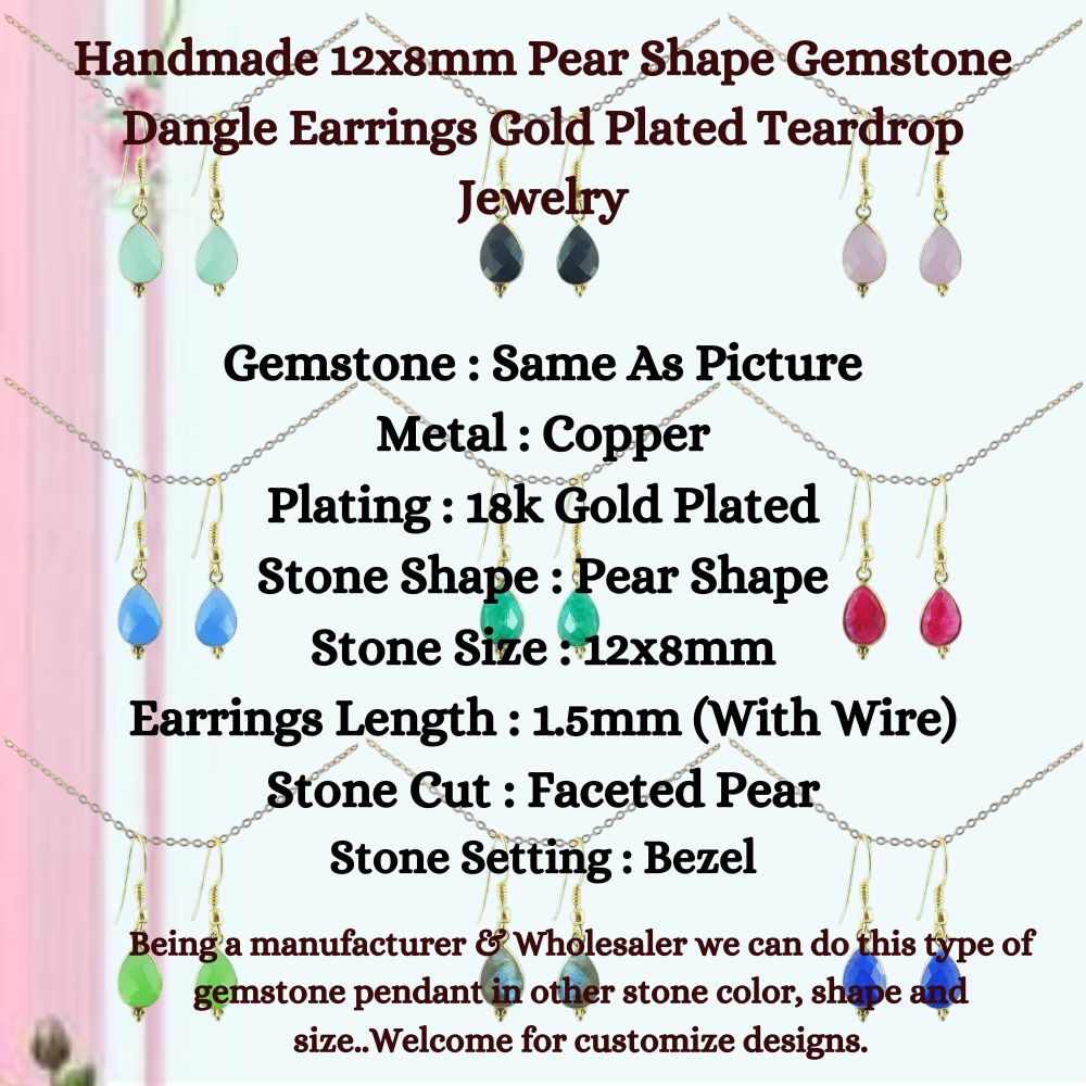Handmade 12x8mm Pear Shape Gemstone Dangle Earrings Gold Plated Teardrop Jewelry for Women- Selling Per Piece