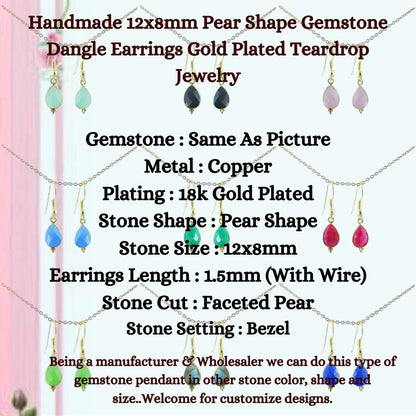 Handmade 12x8mm Pear Shape Gemstone Dangle Earrings Gold Plated Teardrop Jewelry for Women- Selling Per Piece