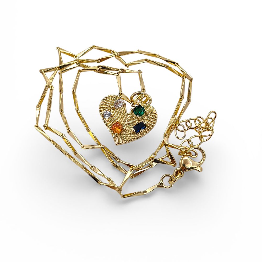 Handmade 18K Gold Filled Love Heart Necklace Colorful Micropavé CZ Textured Pendant for Women – Selling Per Necklace