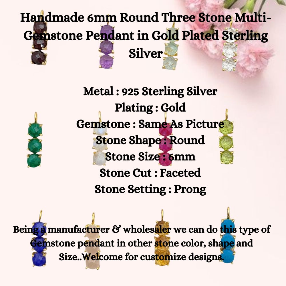 6mm Round Briolette Three Birthstone Pendant 18K Gold Plated Bezel Birthstone Charm for Personalized Jewelry