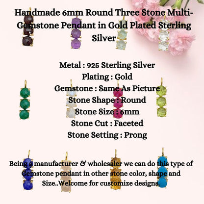 6mm Round Briolette Three Birthstone Pendant 18K Gold Plated Bezel Birthstone Charm for Personalized Jewelry