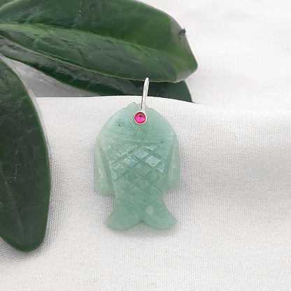 Handmade Amazonite Gemstone Fish Pendant Hand Carved Crystal Charm with Gold Plated 925 Sterling Silver Bail