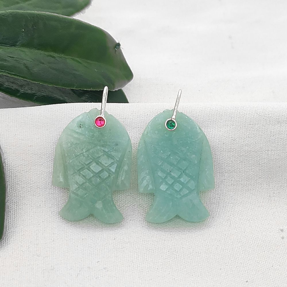 Handmade Amazonite Gemstone Fish Pendant Hand Carved Crystal Charm with Gold Plated 925 Sterling Silver Bail