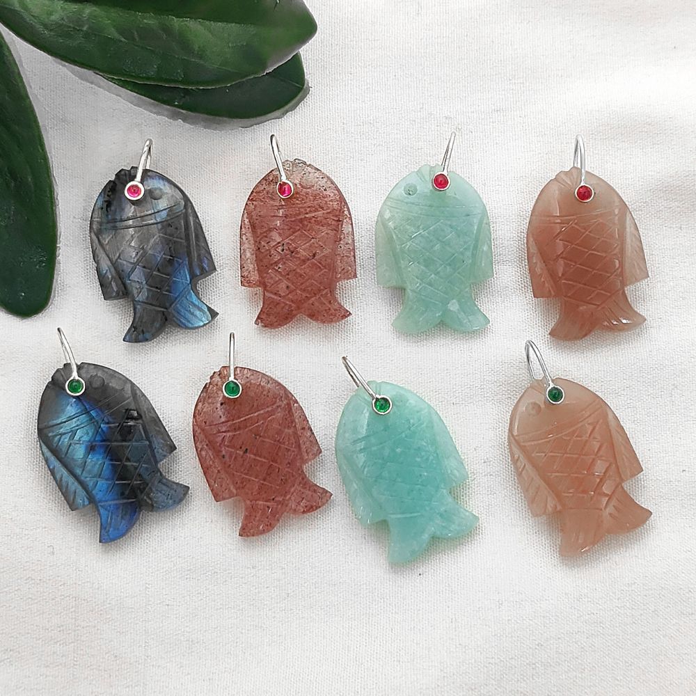 Handmade Amazonite Gemstone Fish Pendant Hand Carved Crystal Charm with Gold Plated 925 Sterling Silver Bail
