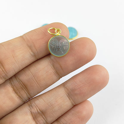 Unique Aqua Chalcedony Moon Face Pendant Handmade Gold Plated Sterling Silver Bezel Set Carved Gemstone Jewelry- Selling Per Piece
