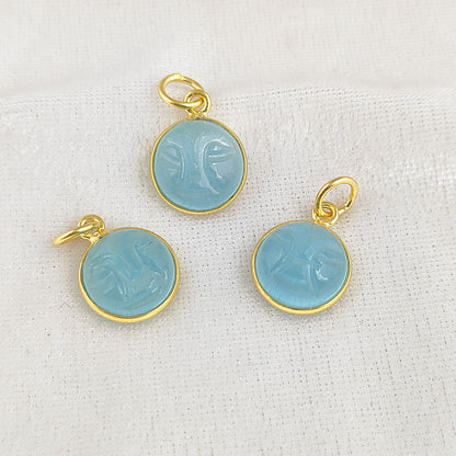 Unique Aqua Chalcedony Moon Face Pendant Handmade Gold Plated Sterling Silver Bezel Set Carved Gemstone Jewelry- Selling Per Piece