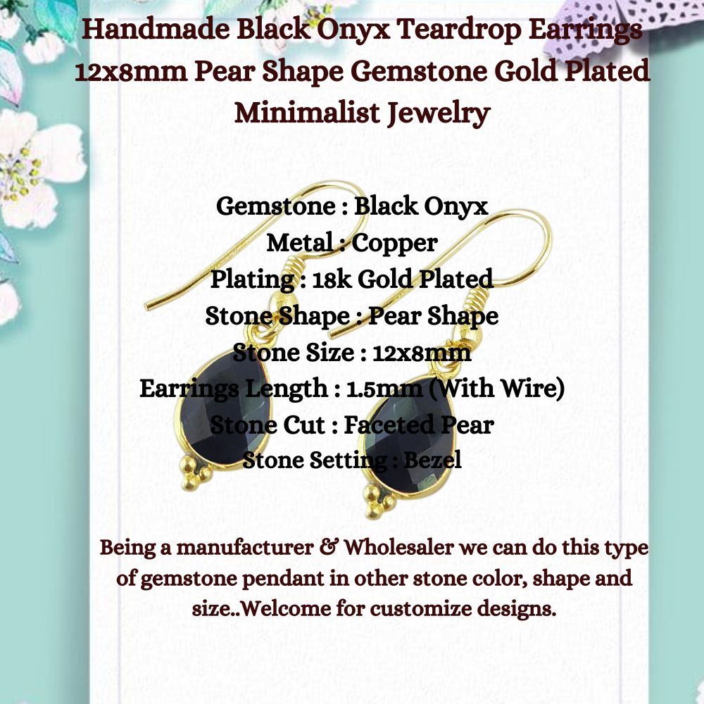 Handmade Black Onyx Teardrop Earrings 12x8mm Pear Shape Gemstone Gold Plated Minimalist Jewelry-Selling Per Piece