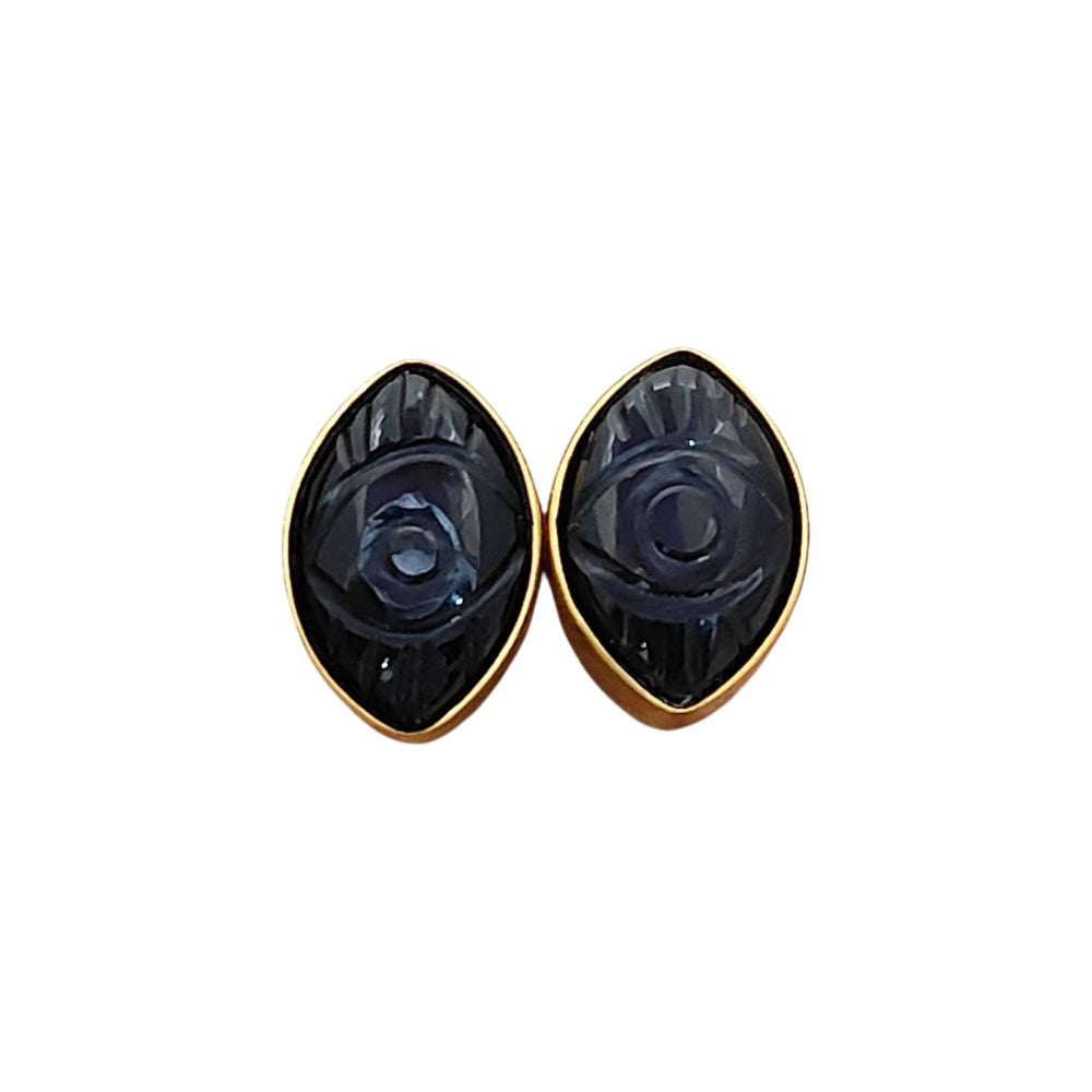 Handmade Black Tourmaline Evil Eye Stud Earrings Marquise Shape Gold Vermeil Healing Jewelry Gift- Selling Per Pair