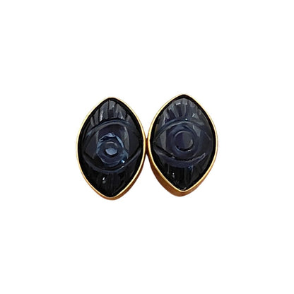 Handmade Black Tourmaline Evil Eye Stud Earrings Marquise Shape Gold Vermeil Healing Jewelry Gift- Selling Per Pair