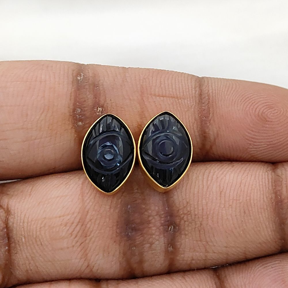 Handmade Black Tourmaline Evil Eye Stud Earrings Marquise Shape Gold Vermeil Healing Jewelry Gift- Selling Per Pair