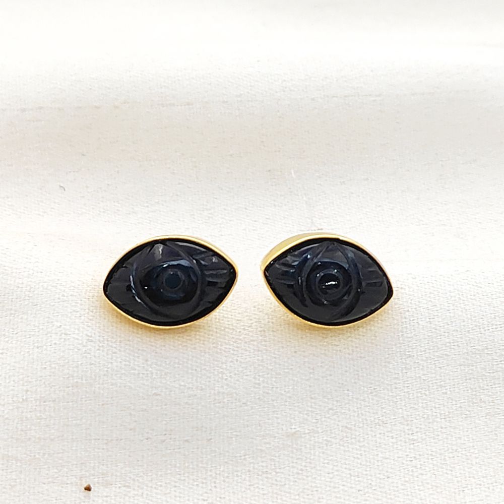Handmade Black Tourmaline Evil Eye Stud Earrings Marquise Shape Gold Vermeil Healing Jewelry Gift- Selling Per Pair